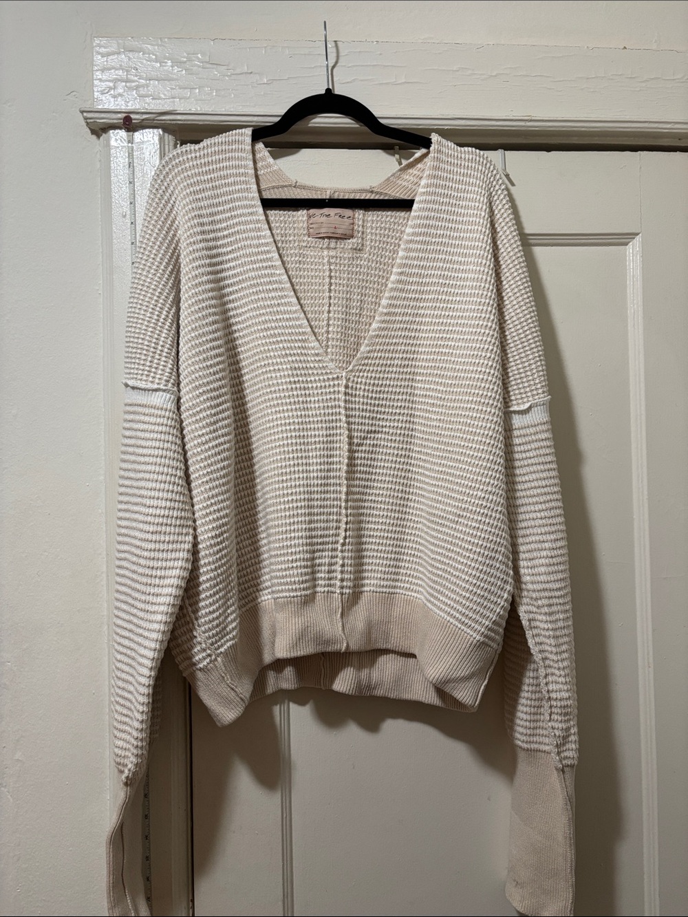 Free People Oversized Waffle Knit V-Neck Sweater - Cream